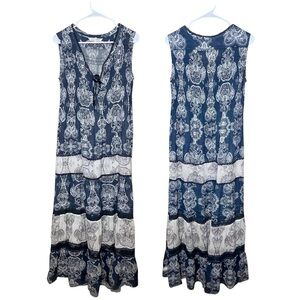 Odd Molly Charcoal Gray and White Boho Tiered Ruffle Mandala Print Maxi Dress